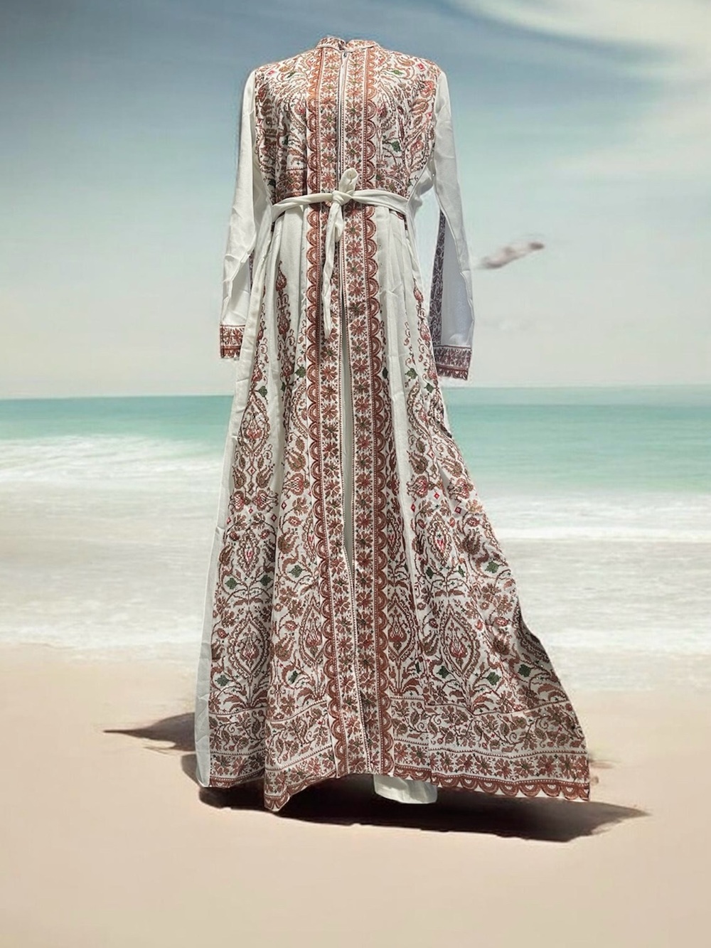 Palestinian tatreez White & Rust Floral Maxi Dress with zipper and Tie Waist